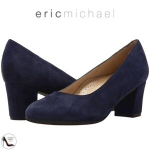 Eric Michael Abby Classic Heels Navy Blue Suede Leather Block Heel Pump Shoes 40